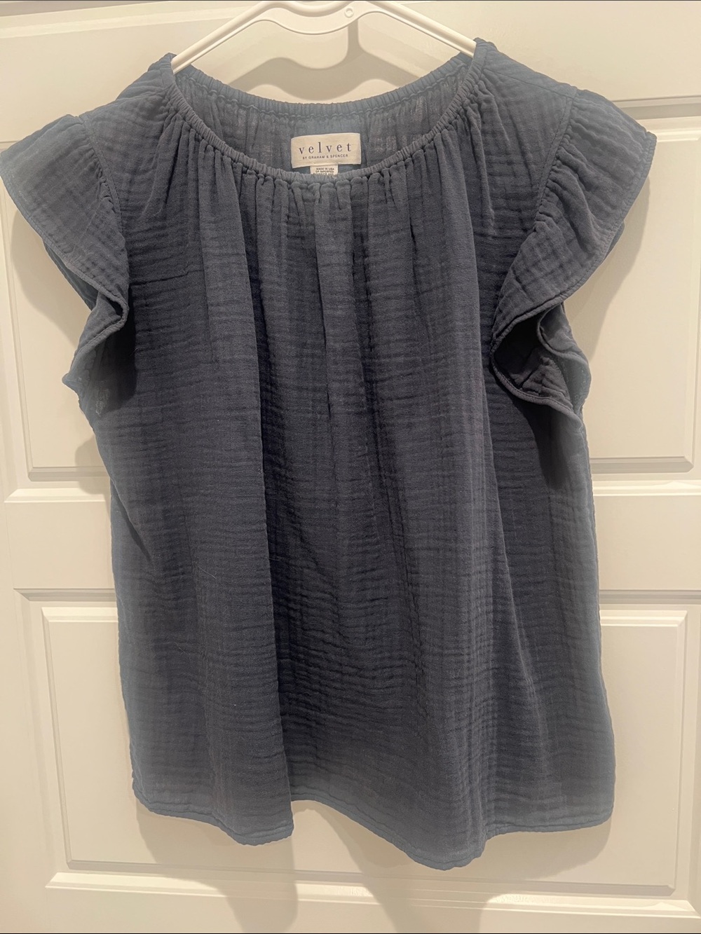 Velvet Slate Blue Ruffle Sleeve Cotton Top